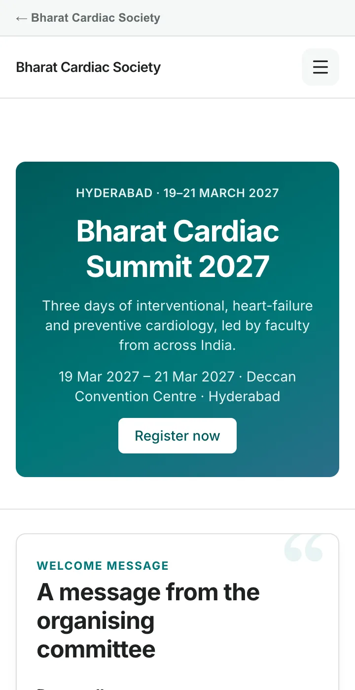 A published Medvento event page on a phone: conference banner, dates, venue and a register button.