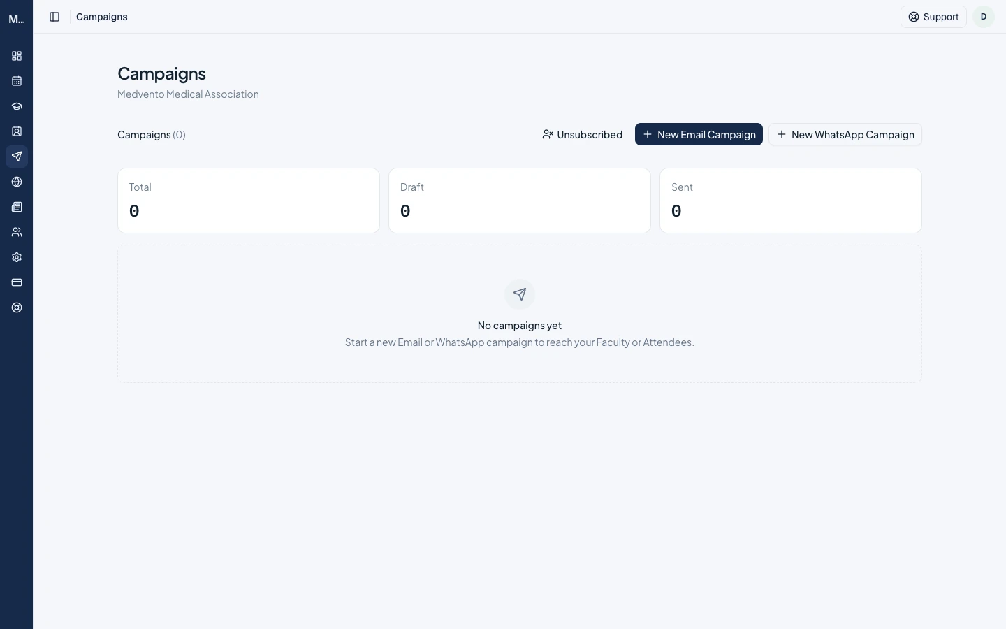 The Campaigns page with New Email Campaign, New WhatsApp Campaign and Unsubscribed buttons and no campaigns yet.