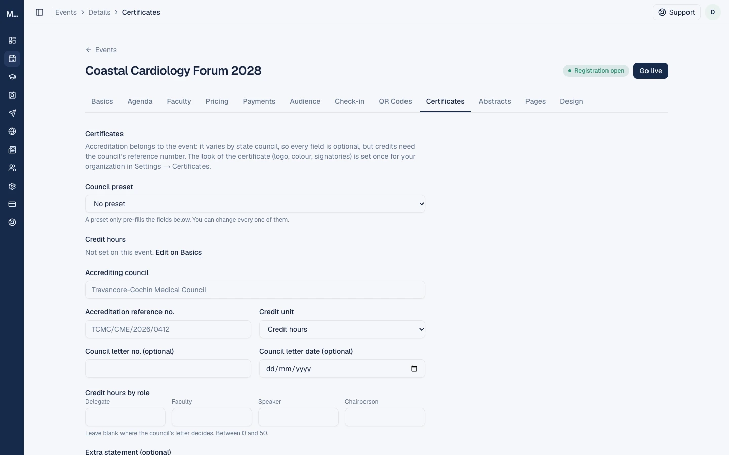 The event's Certificates tab with council preset, credit hours, accrediting council, reference number and credit unit.