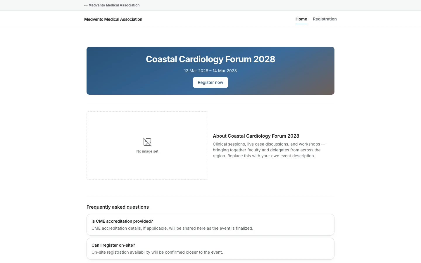 The event's home page with the event name, dates and venue and a Register now button.
