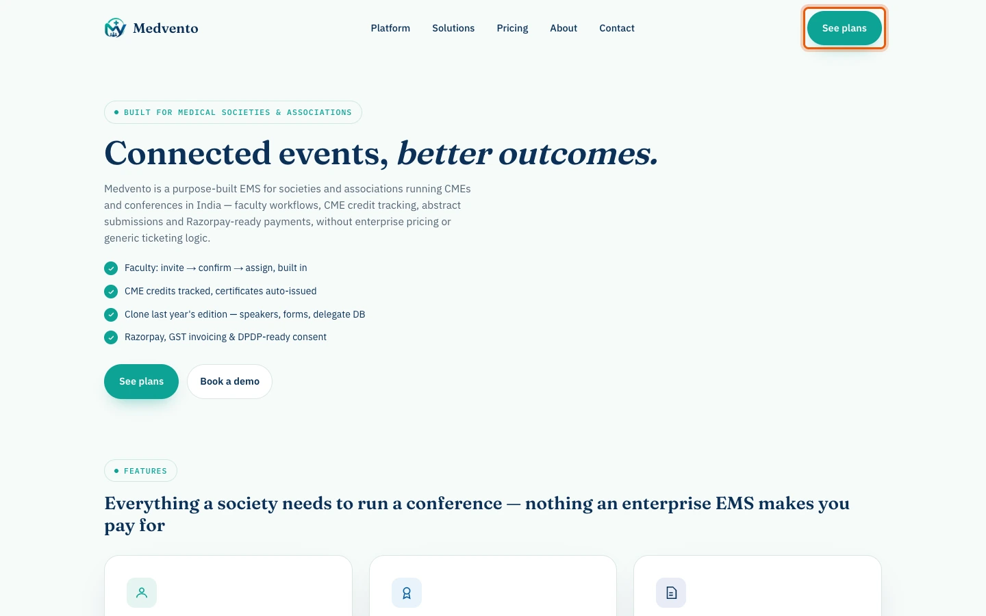 The Medvento home page with the See plans button highlighted.