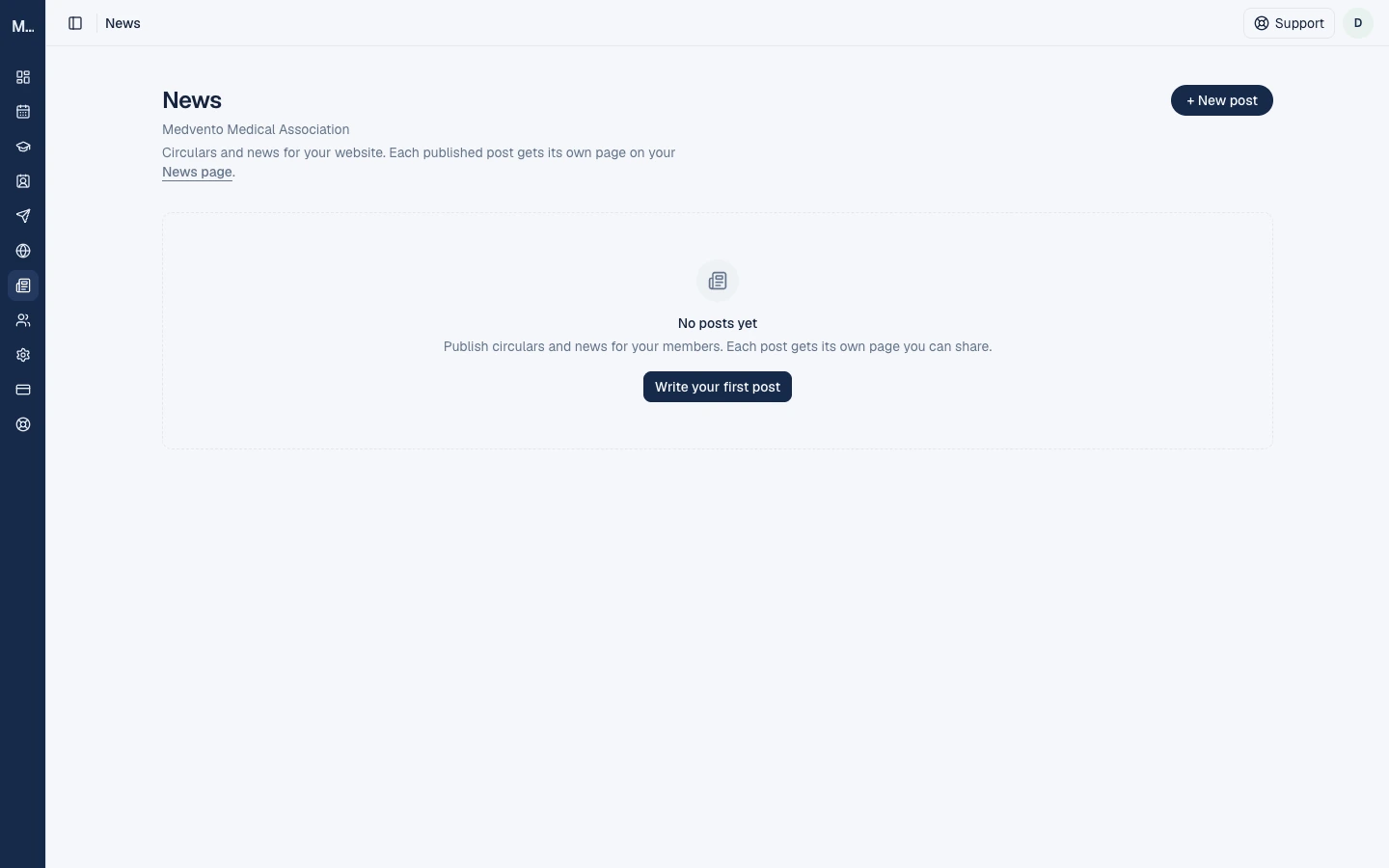 The News page listing posts, with a New post button.