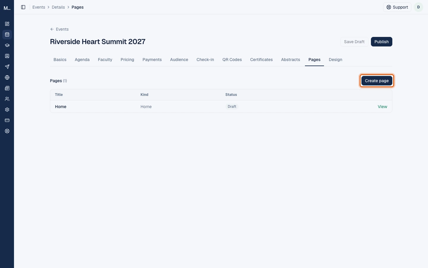 The event's Pages tab listing the Home page as a draft, with the Create page button highlighted.