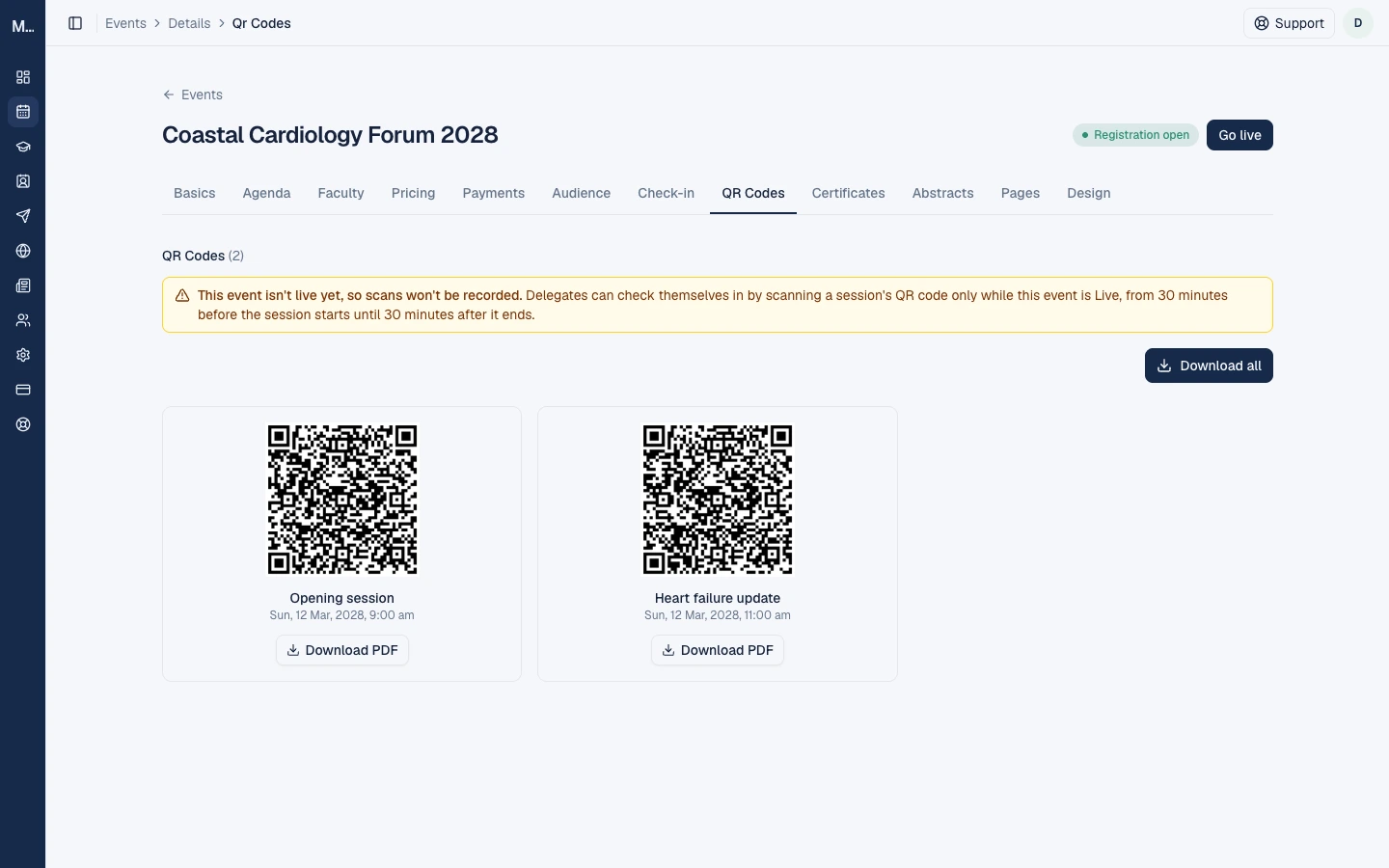 The QR Codes tab with a warning that the event is not live yet and one QR code card per session, each with a Download PDF button.