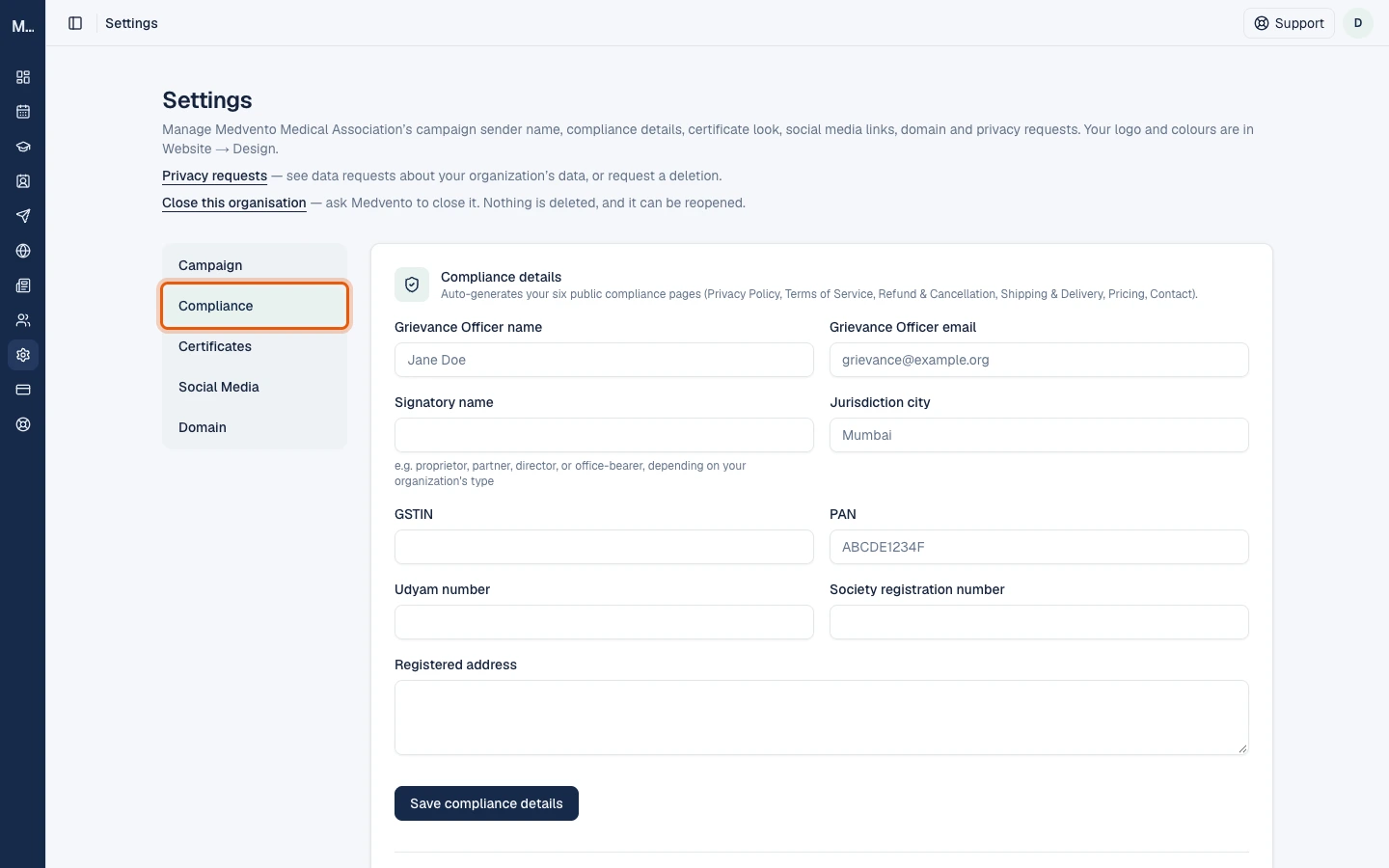 The Settings page with the Compliance tab selected in the left rail, showing the Compliance details form.