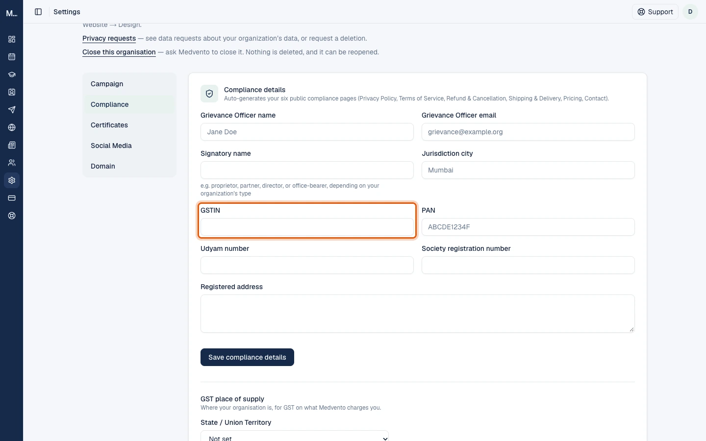 The Compliance details form with the GSTIN, PAN, Udyam number and registration number fields; the GSTIN field is highlighted.