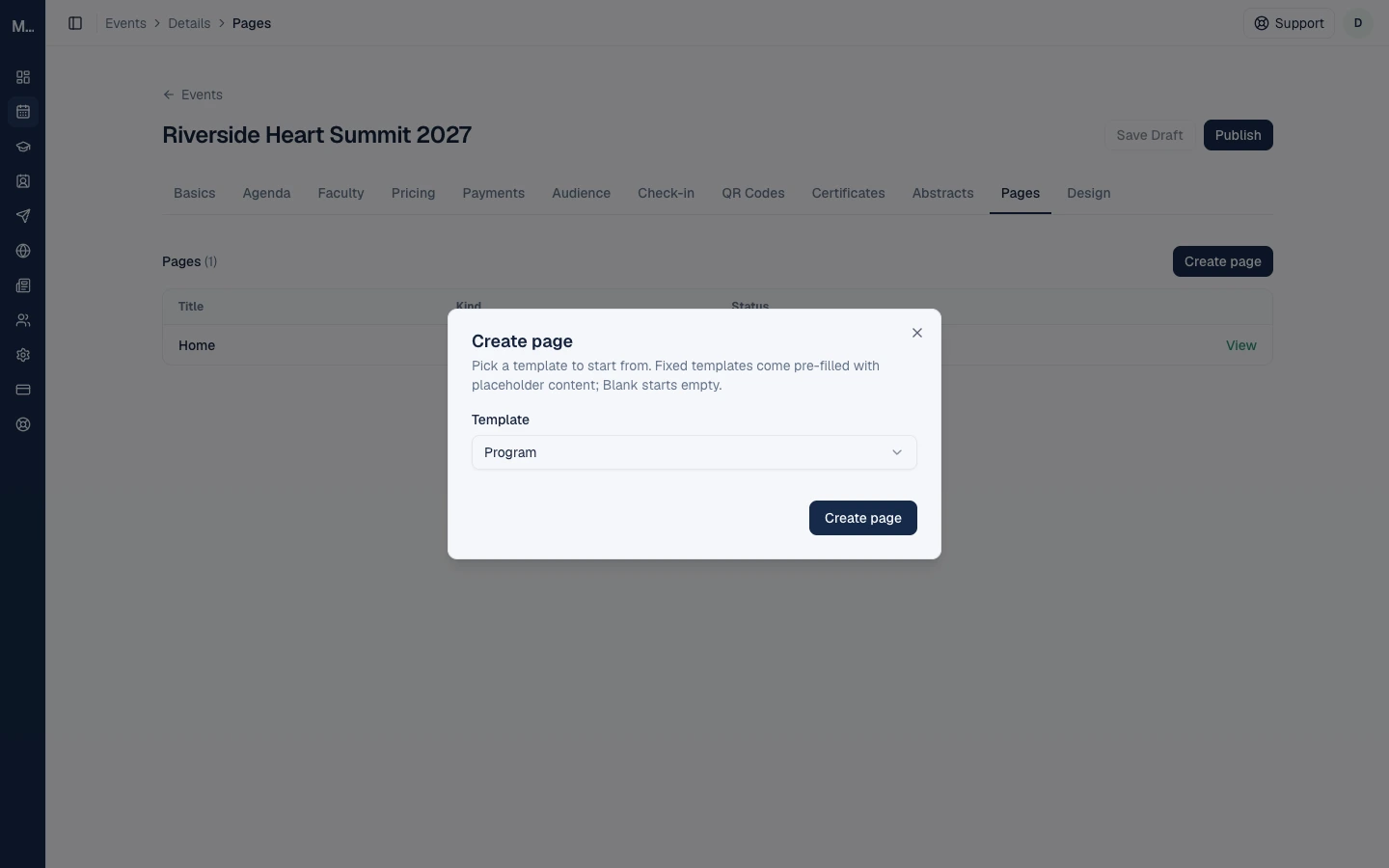 The Create page dialog with the template picker.