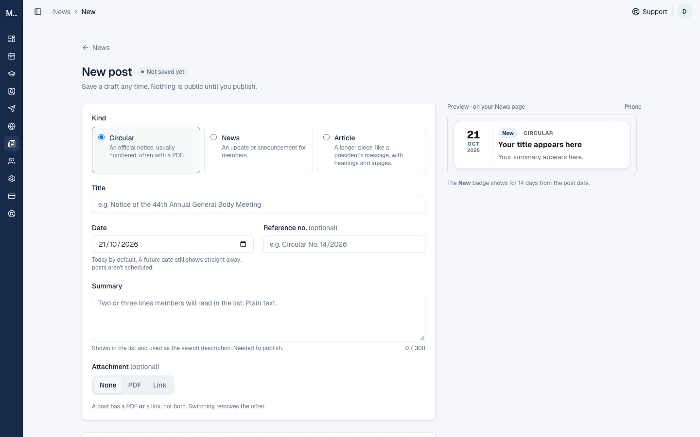The new post form with the three kinds, title, date, reference number, summary and attachment fields, and a preview.
