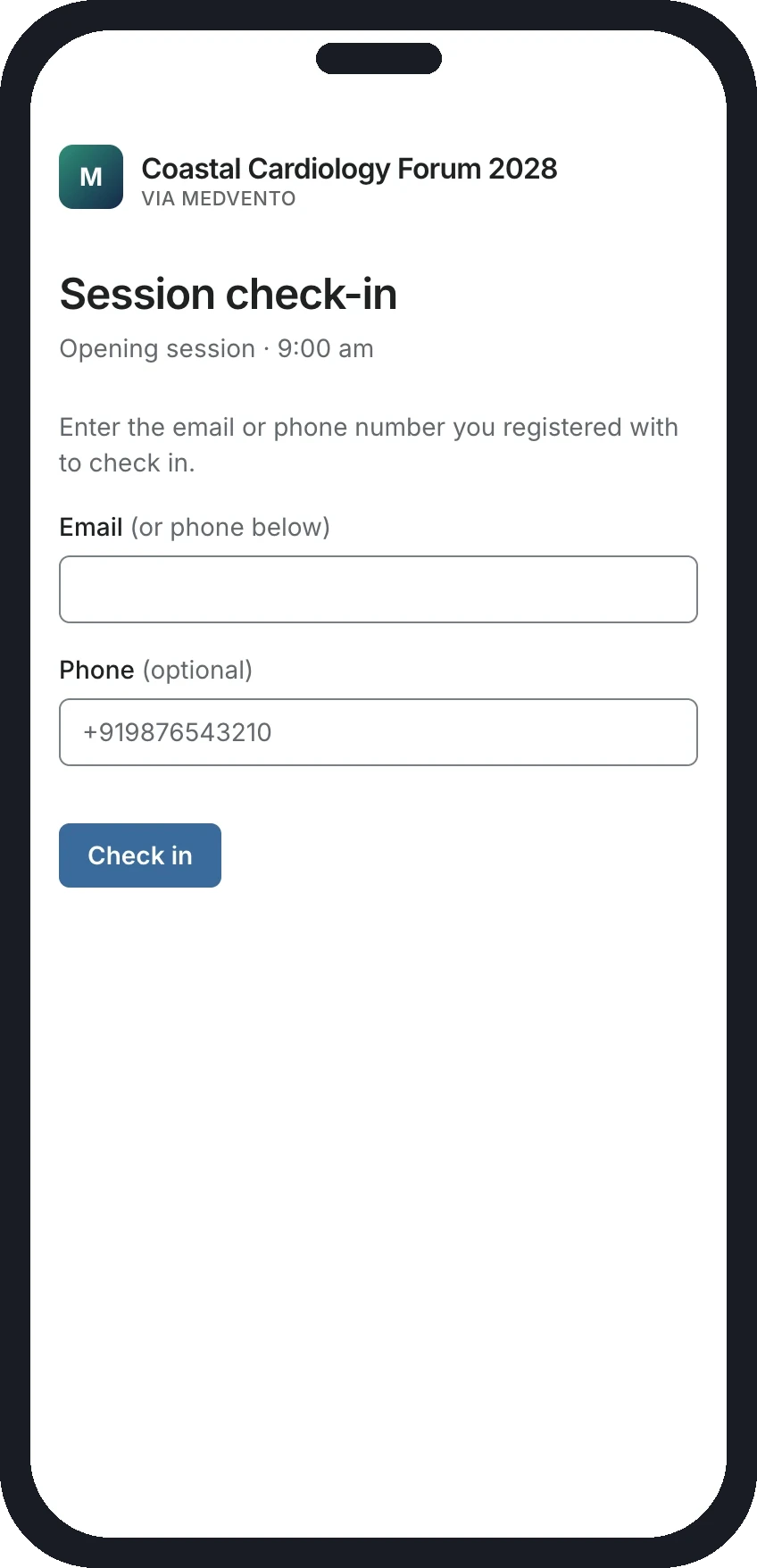 A phone showing the session check-in page, which asks for the email or phone number the delegate registered with and has a Check in button.