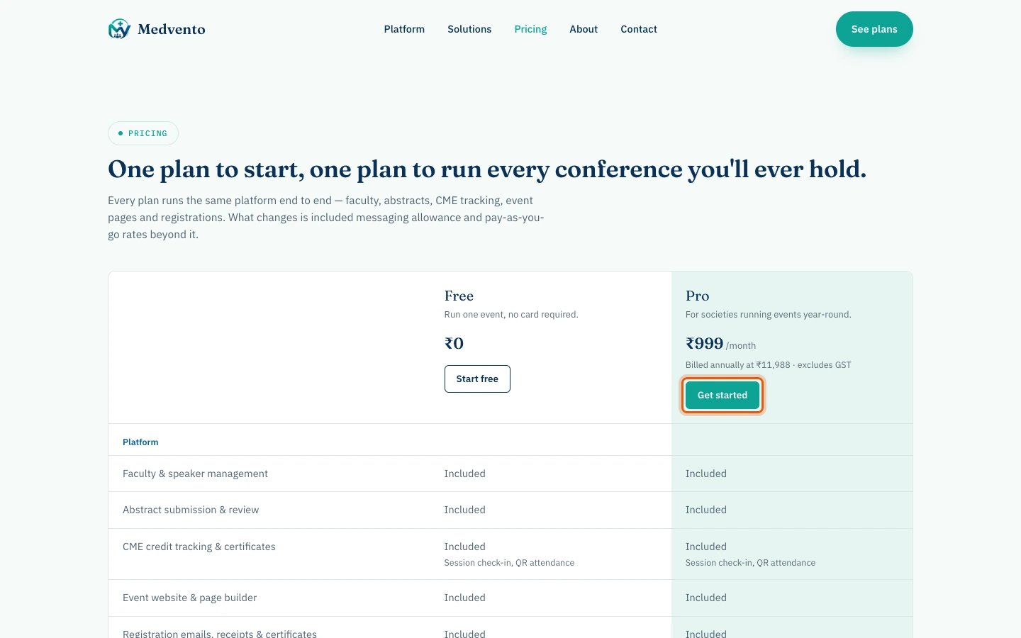 The Medvento plans page showing the Free and paid plans, with the paid plan's button highlighted.