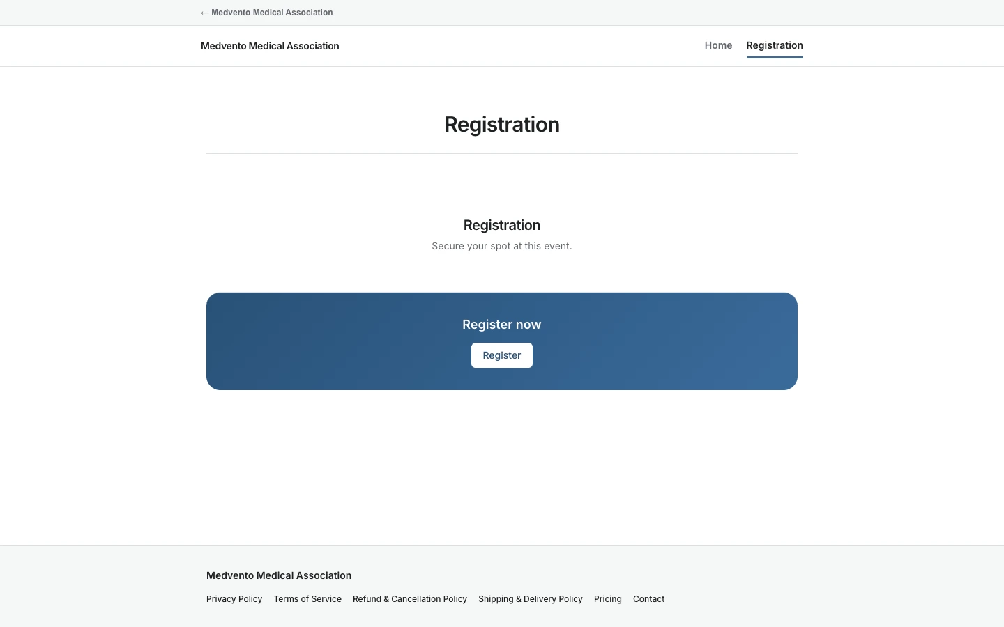 The Registration page of the event with a Register now button that leads to the registration form.