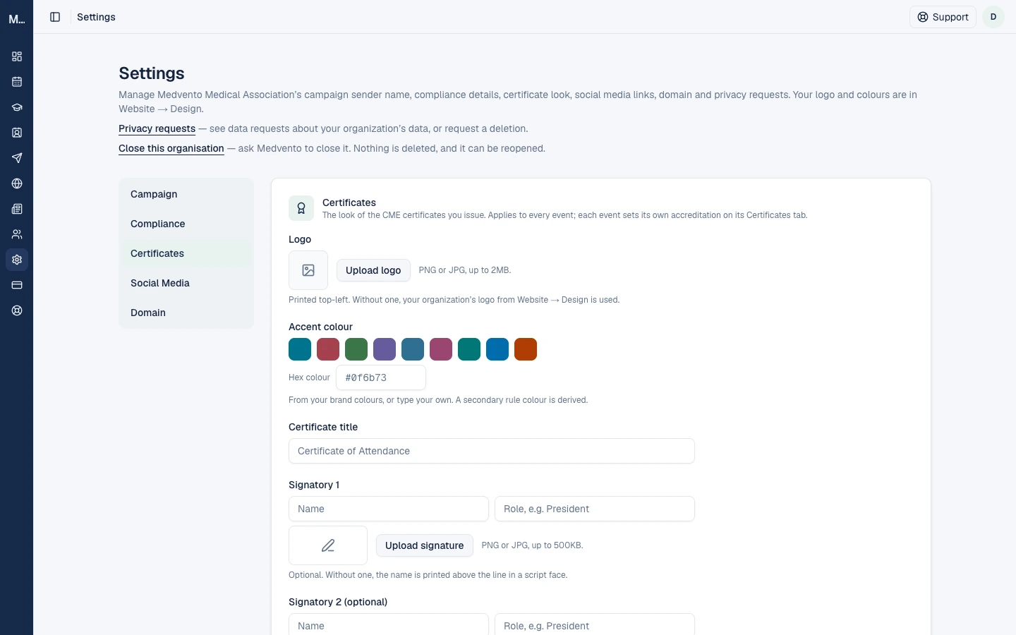 Settings, Certificates tab with logo, accent colour, certificate title and signatory fields.