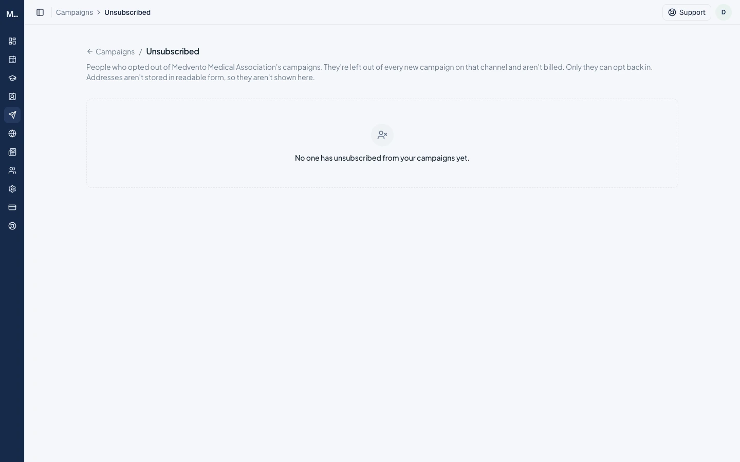 The Unsubscribed page explaining that people who opted out are left out of every new campaign and are not shown by address.