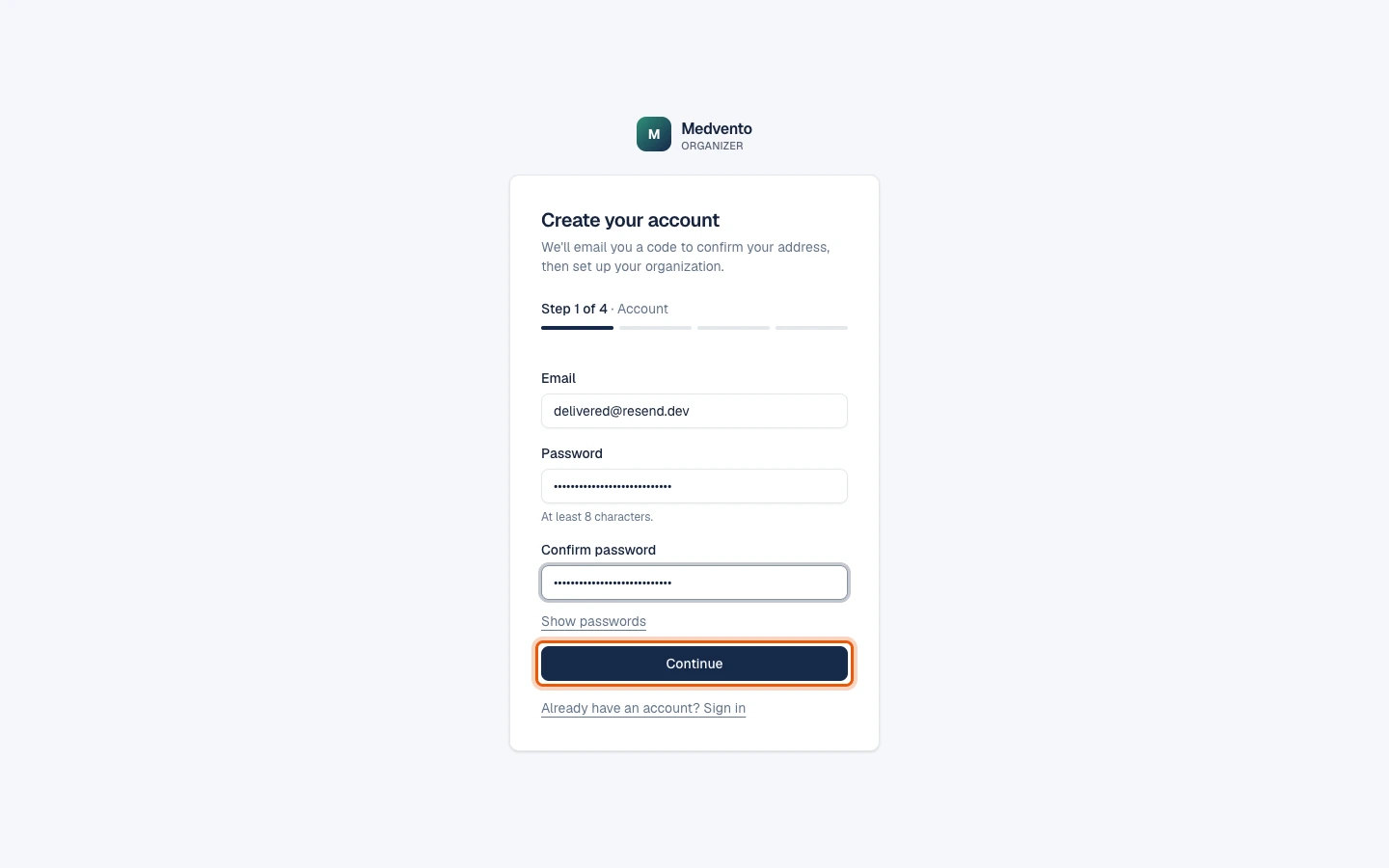 Step 1 of 4, Account: email, password and confirm password filled in, with the Continue button highlighted.