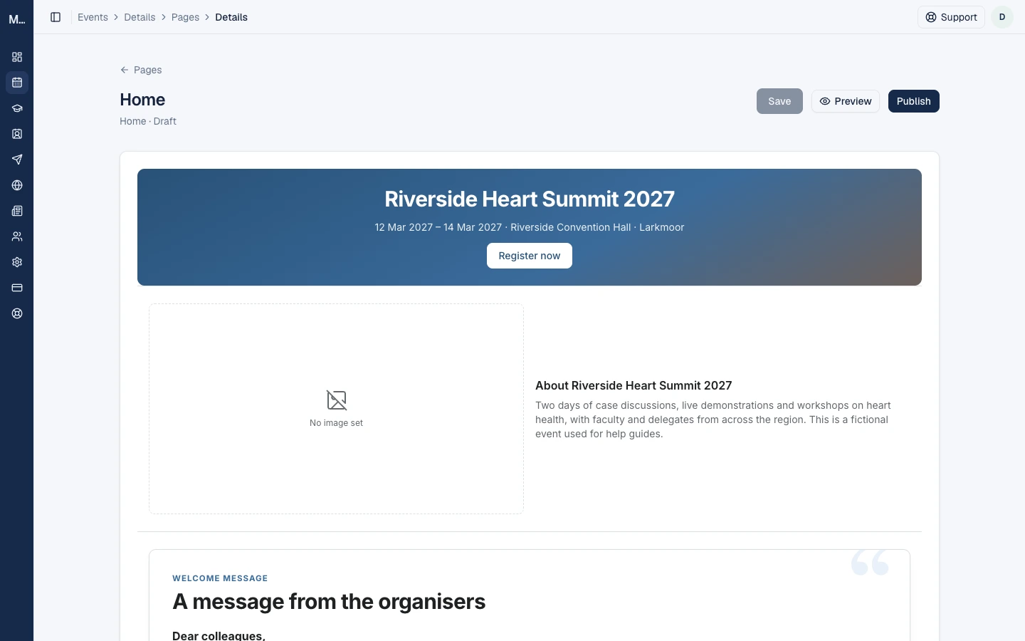 The page editor showing the Home page with its blocks, and the Save, Preview and Publish buttons at the top right.