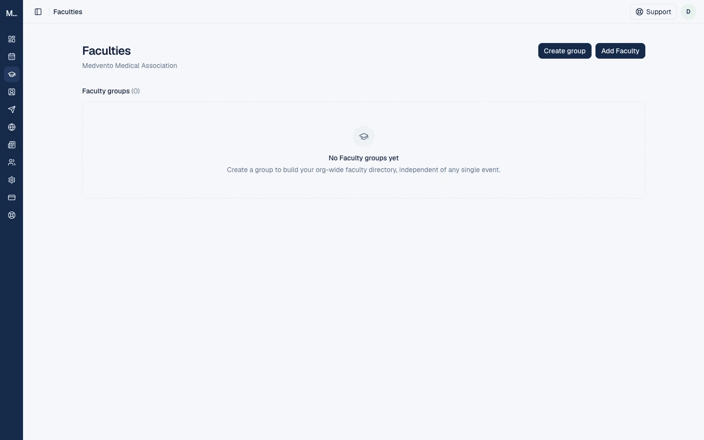 The organization's Faculties directory, with Create group and Add Faculty buttons and no faculty groups yet.