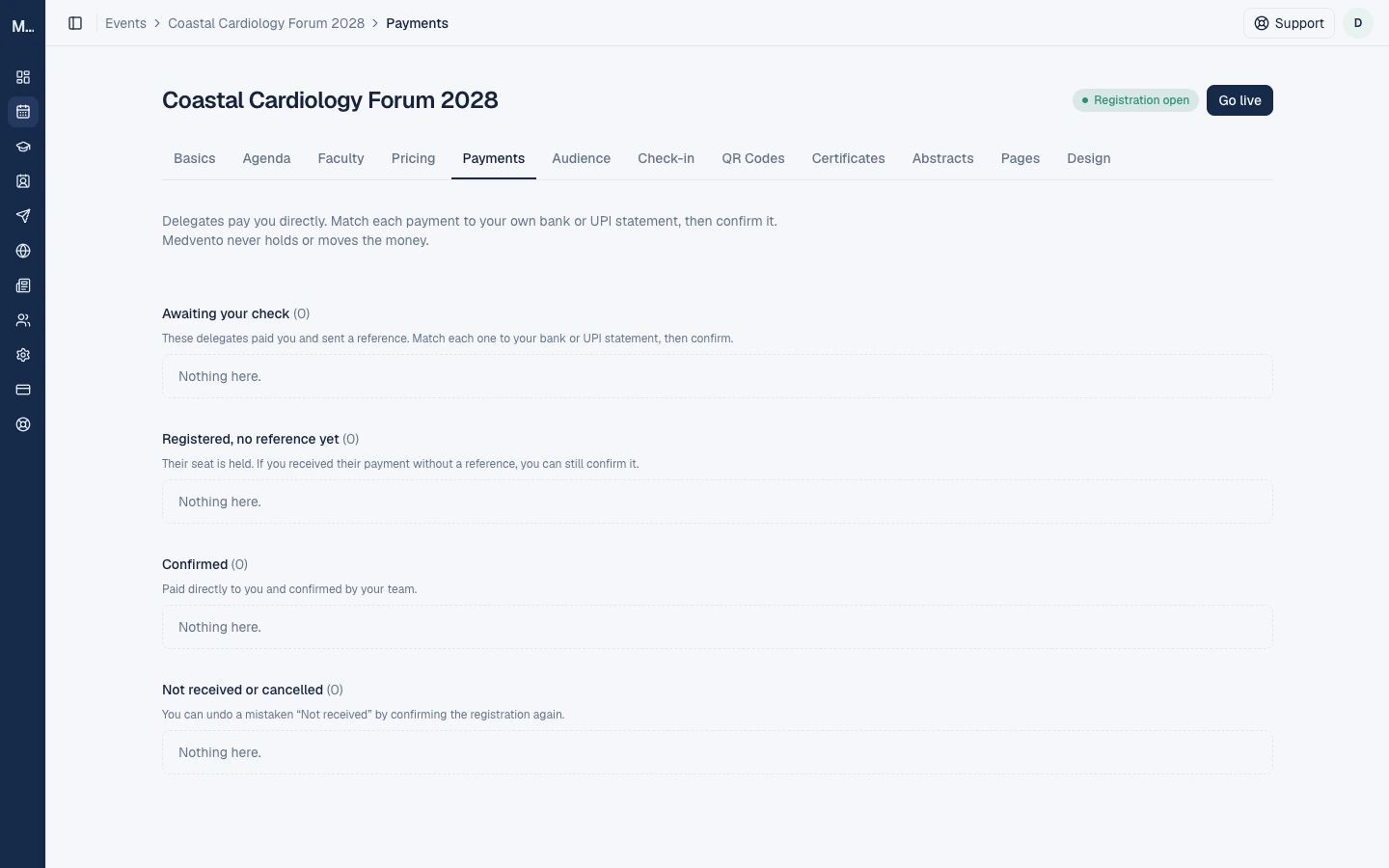 The Payments tab with four lists: awaiting your check, registered with no reference yet, confirmed, and not received or cancelled.