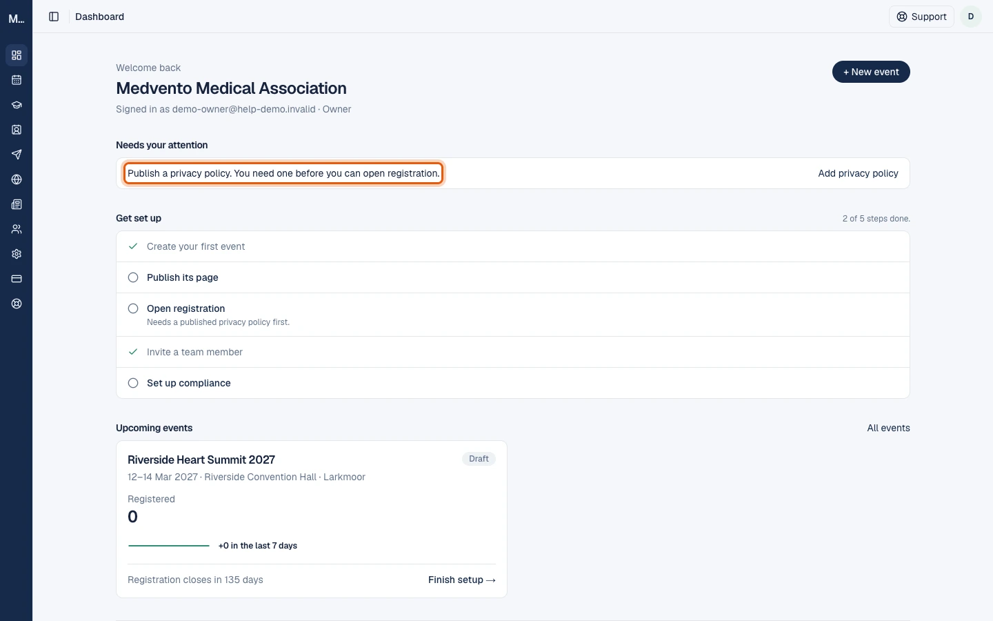 The dashboard's Needs your attention list showing the item Publish a privacy policy, with a link to Add privacy policy.
