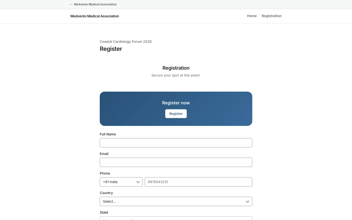 The registration form with the Full Name, Email, Phone, Country and State fields.