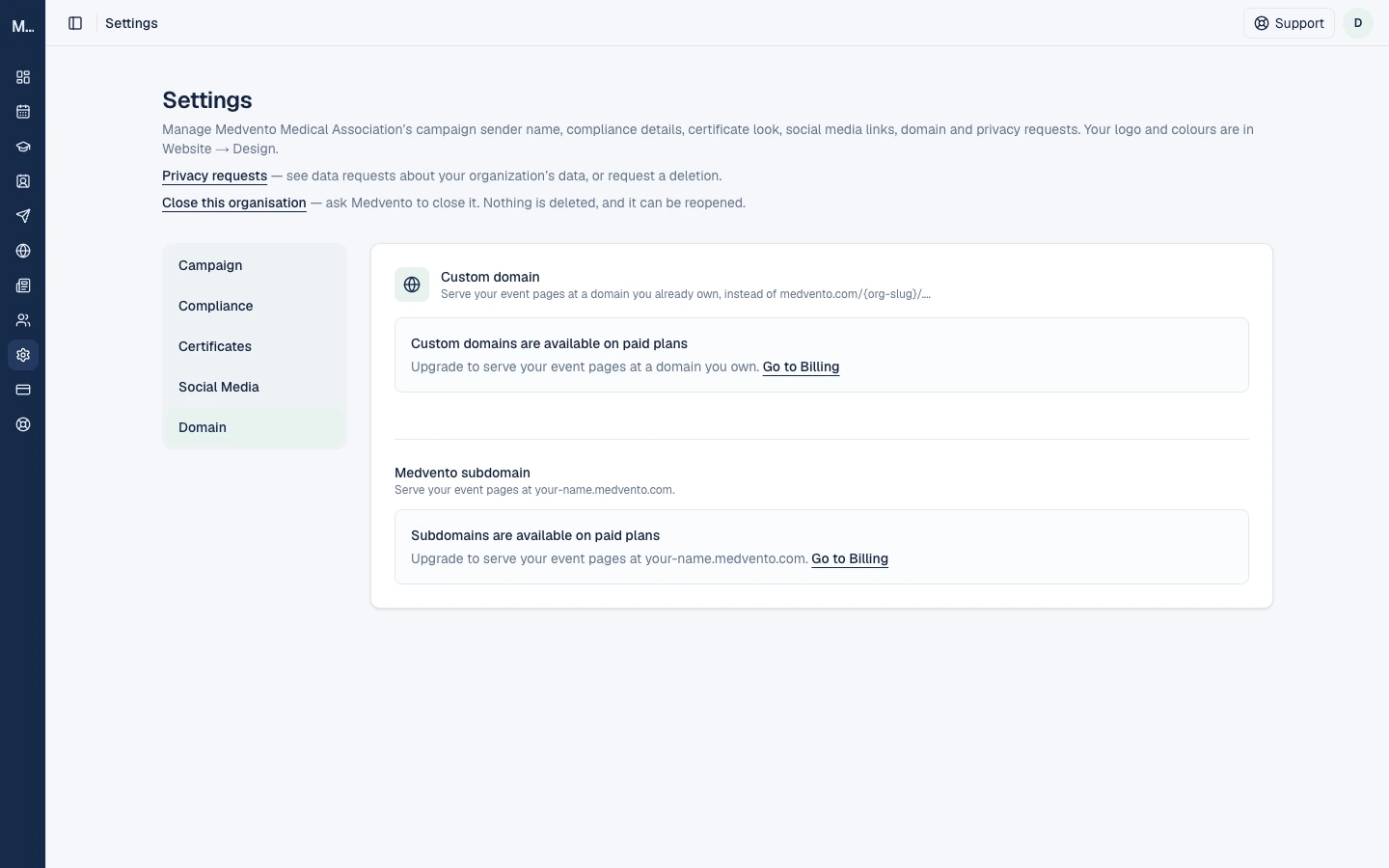 Settings, Domain showing a Custom domain section and a Medvento subdomain section, each saying it is available on paid plans.