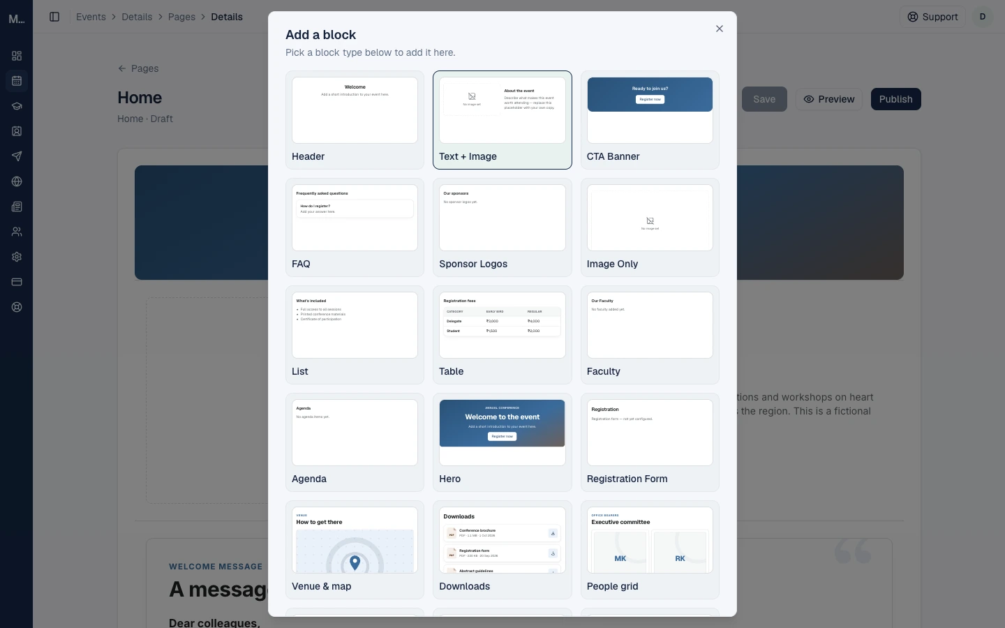 The Add a block dialog listing the available block types with a preview of each.