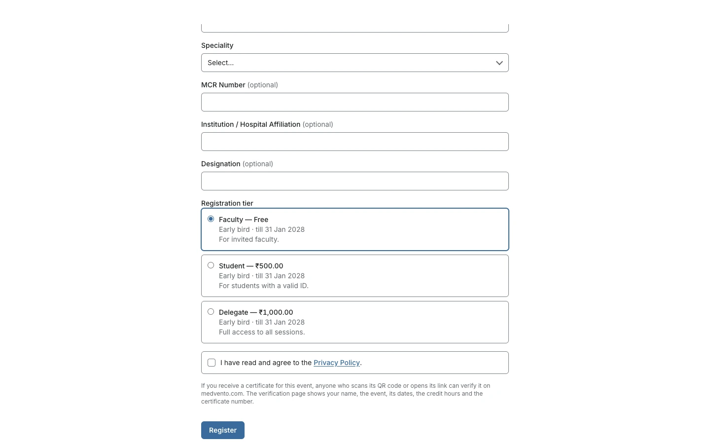 The ticket choices, the Privacy Policy agreement checkbox and the Register button at the bottom of the form.