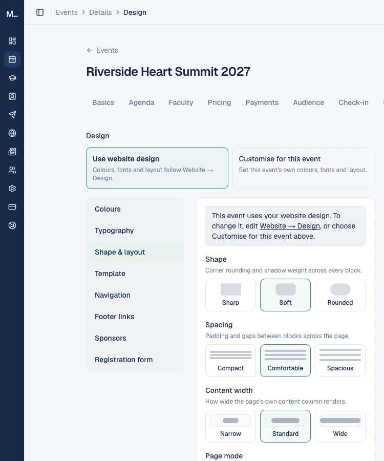 The Shape & layout section with Shape, Spacing and Content width options.