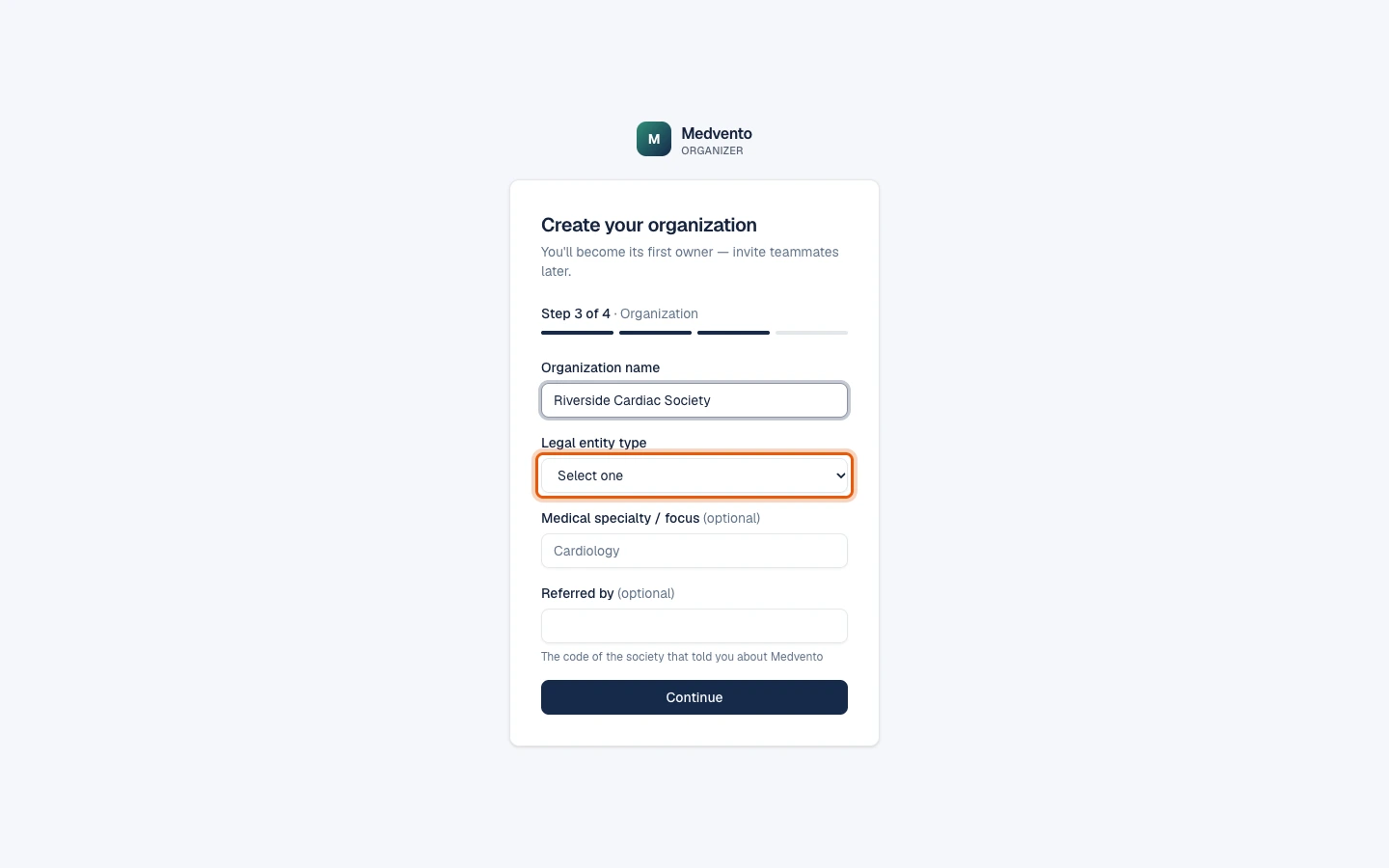 Step 3 of 4, Organization: the organization name filled in, with the legal entity type field highlighted.