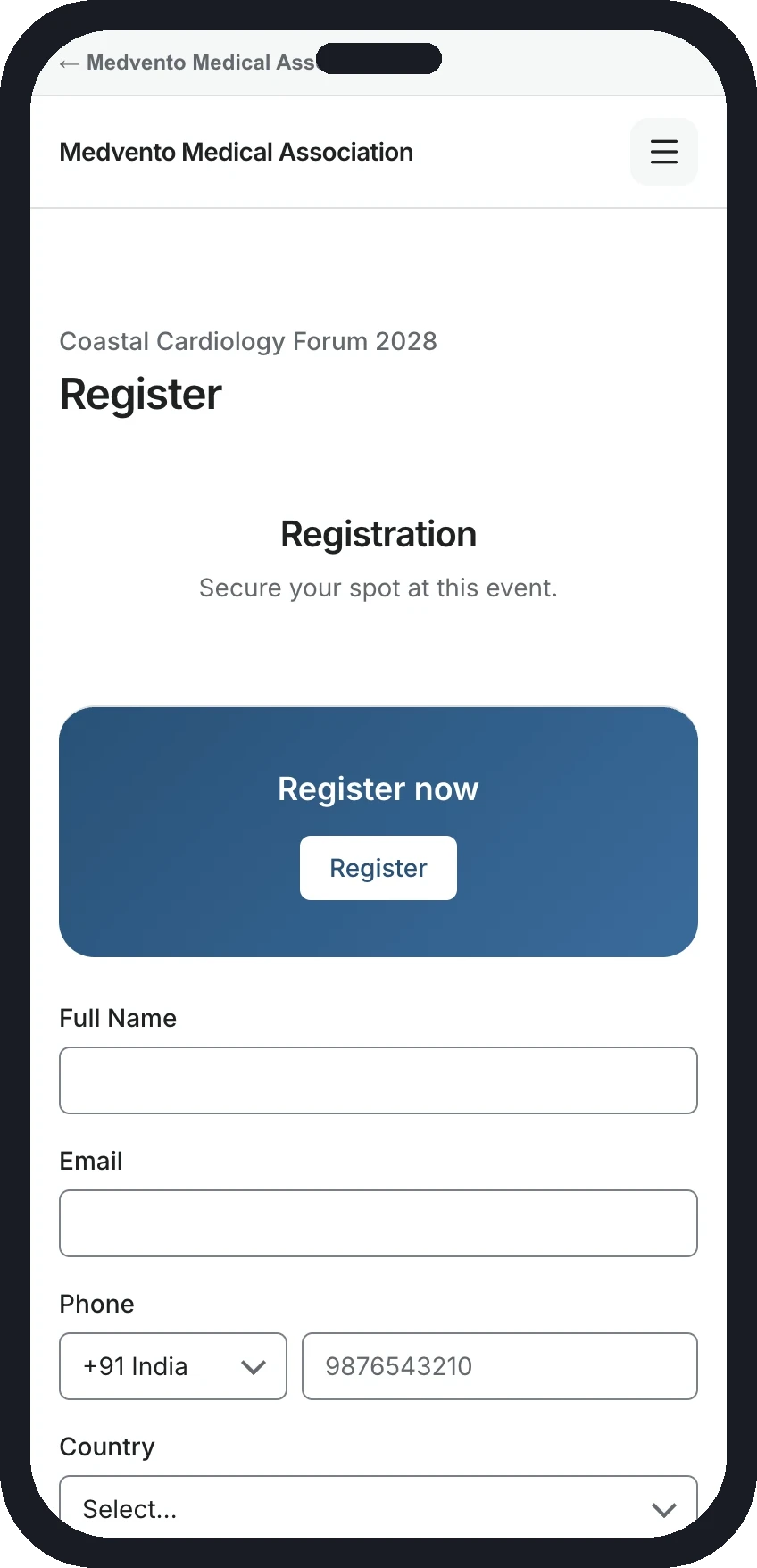 The registration form shown on a phone.
