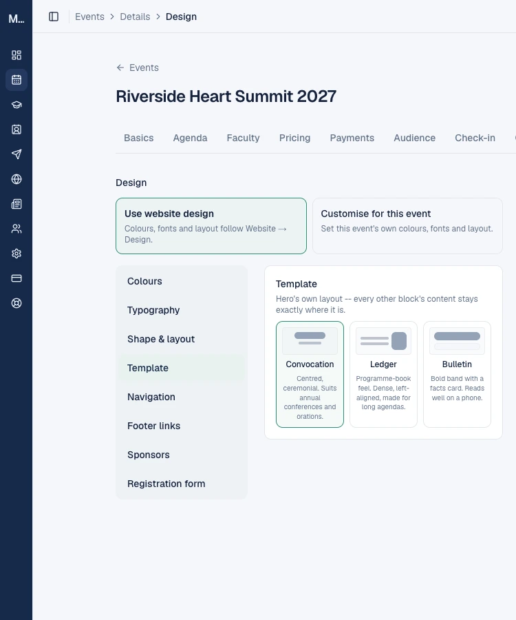 The Template section with three hero layouts: Convocation, Ledger and Bulletin.