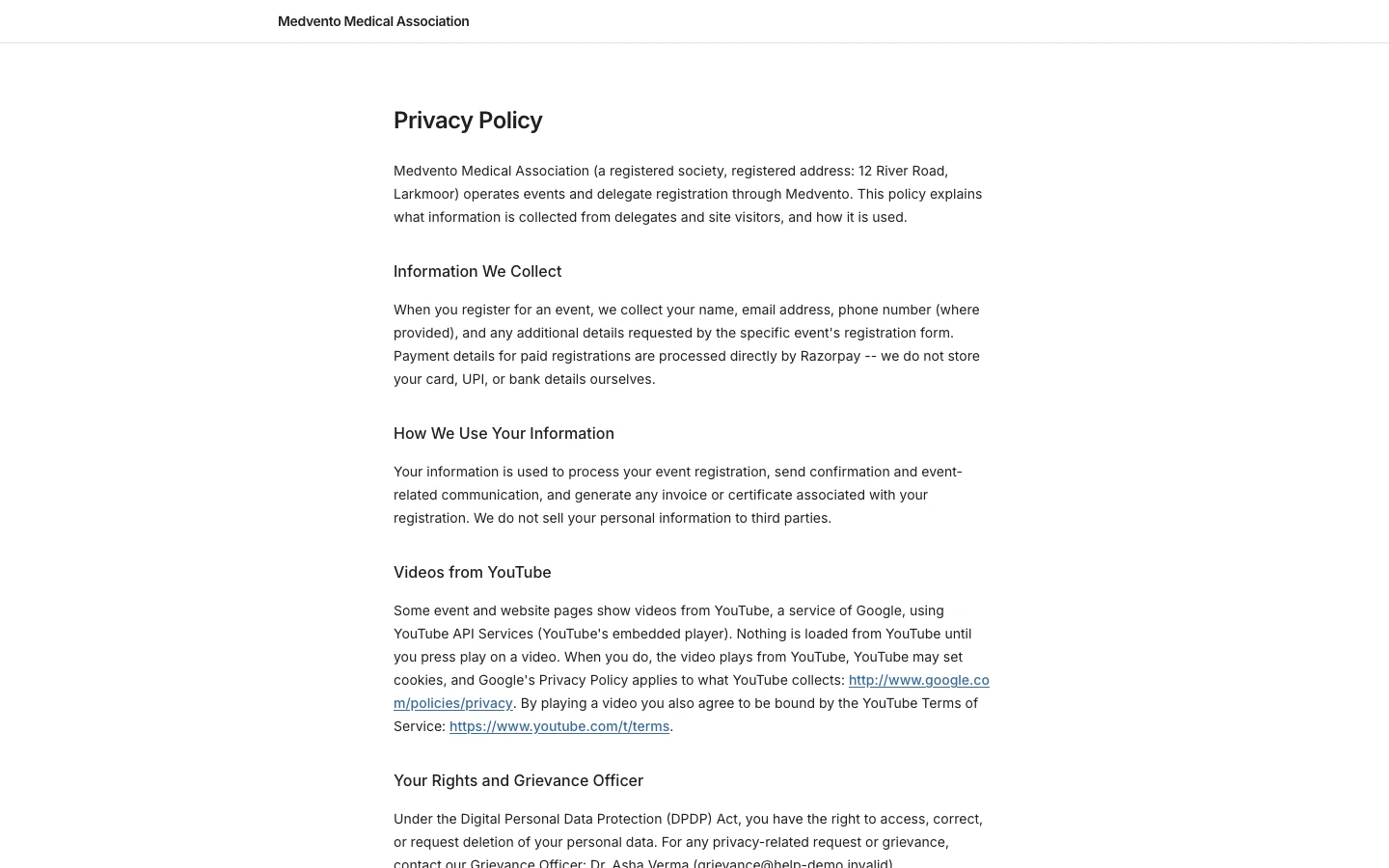 An organization's published Privacy Policy page on Medvento.