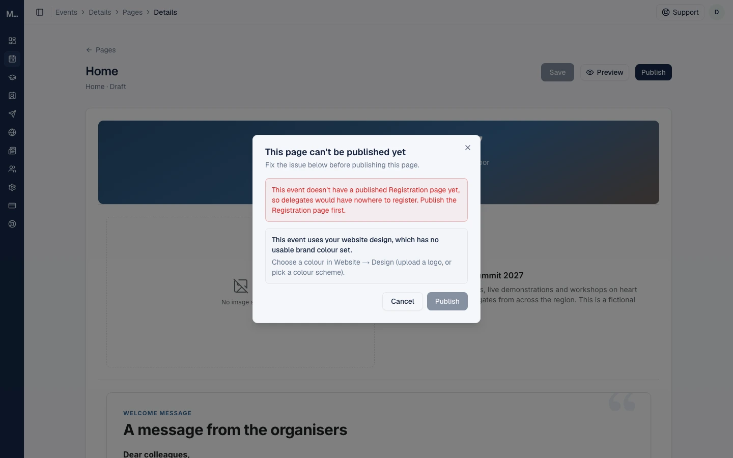 The pre-publish checks dialog saying the page can't be published yet because the event has no published Registration page.