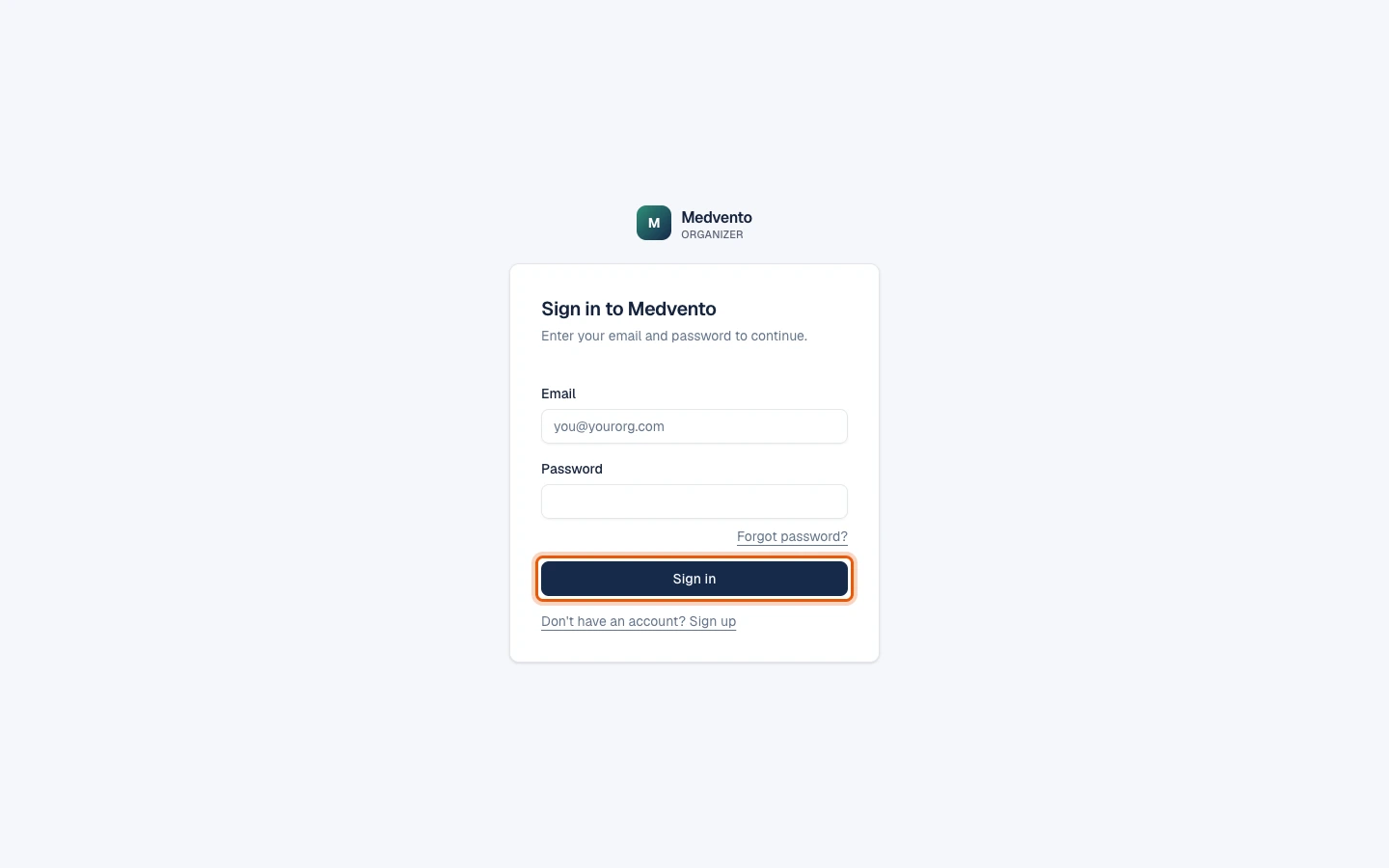 The organizer sign-in page at org.medvento.com with the email and password fields and the Sign in button highlighted.
