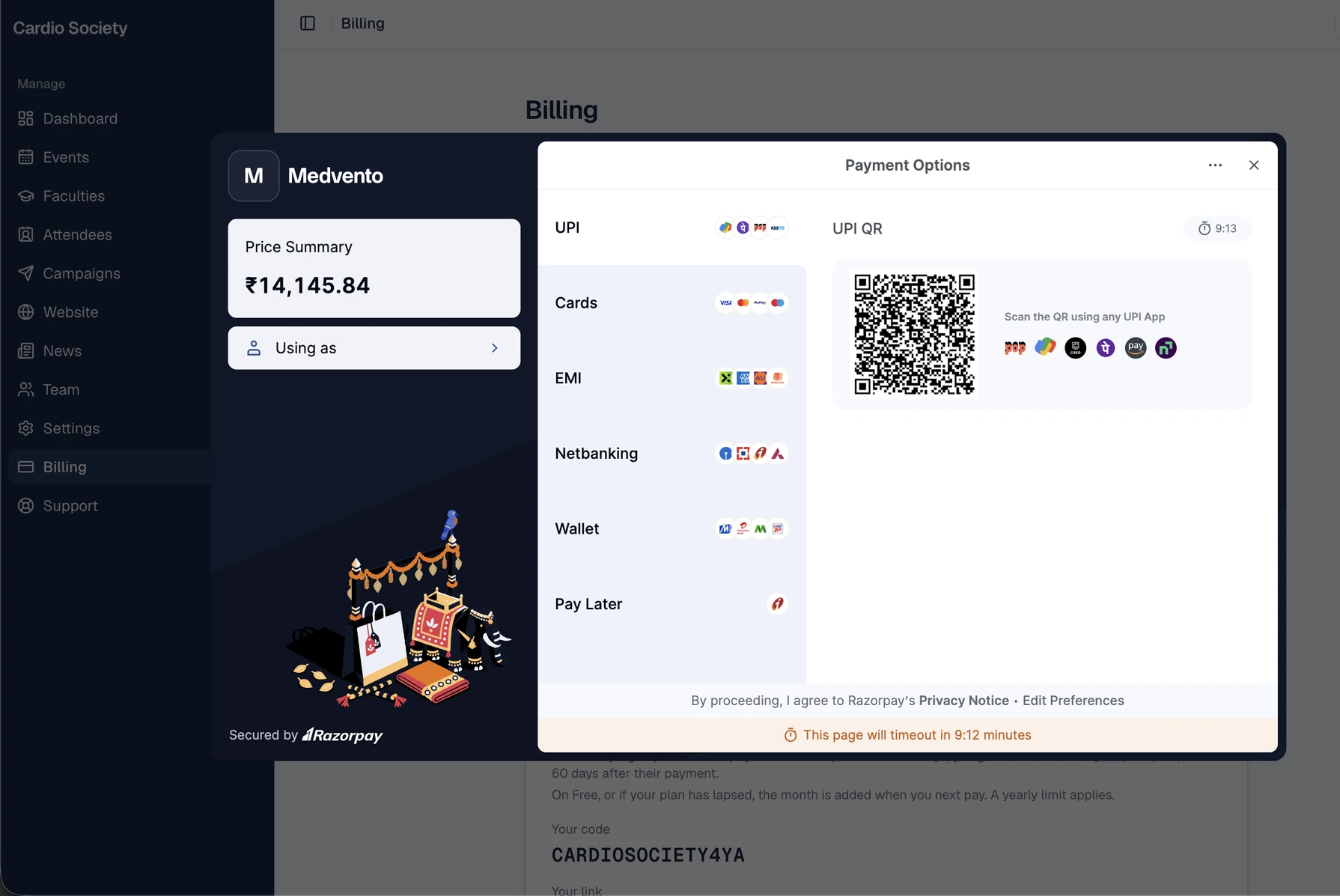 Razorpay's payment window over the Billing page, with the Price Summary and the UPI, Cards, EMI, Netbanking, Wallet and Pay Later options.