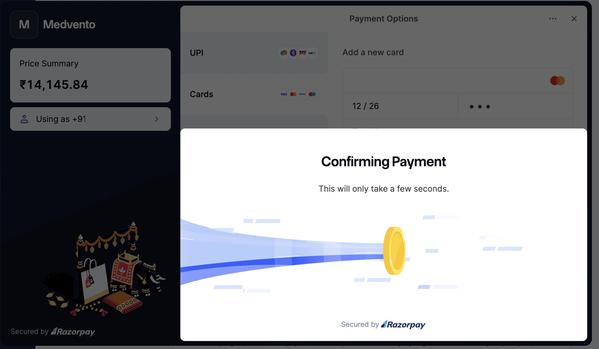 Razorpay's Confirming Payment screen, which says this will only take a few seconds.