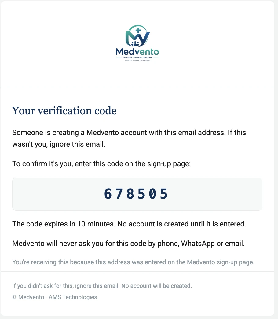 The Medvento verification code email, showing a 6-digit code, that it expires in 10 minutes and that no account is created until it is entered.